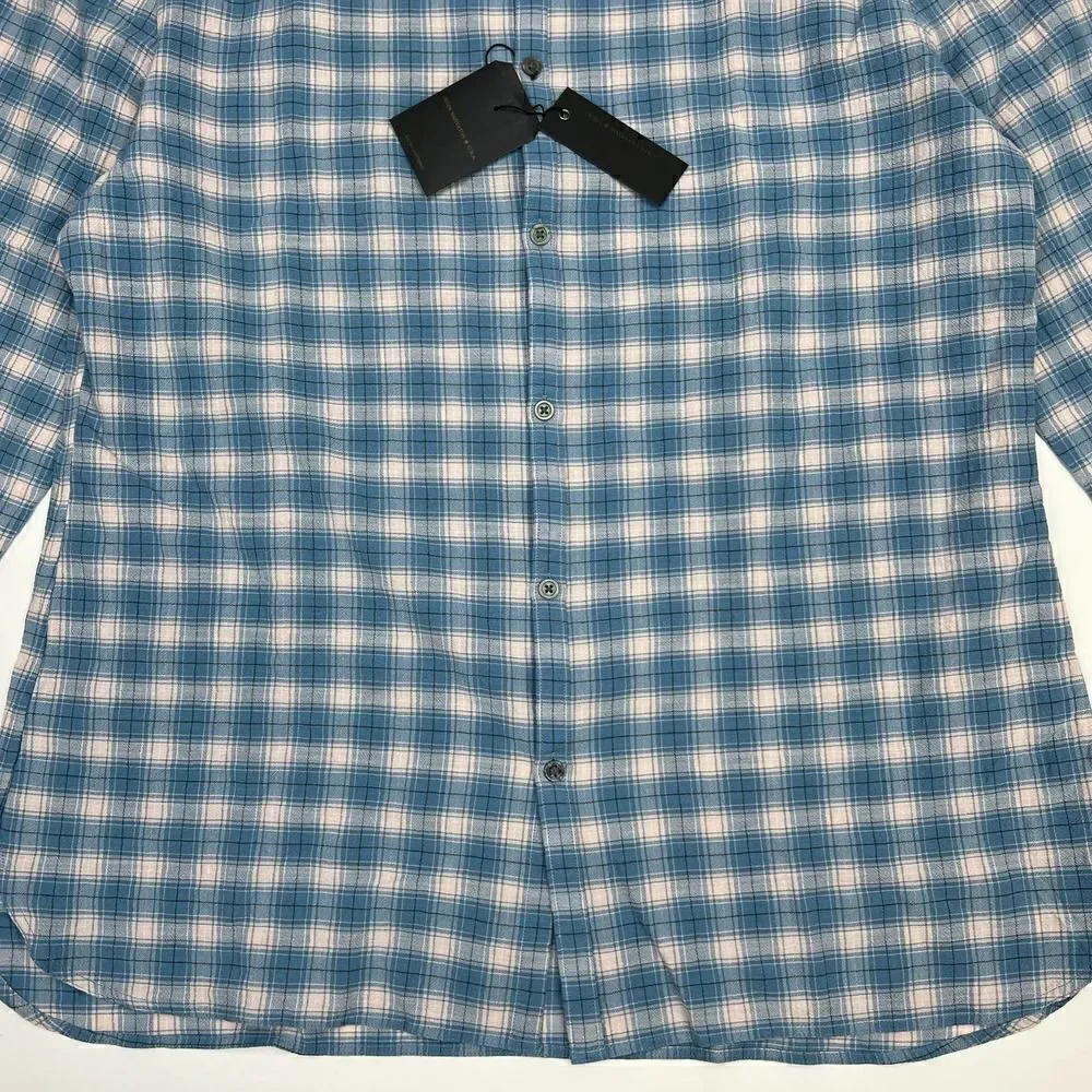 New John Varvatos Men US XL Blue White Plaid Shirt Long Sleeve Button Down - Picture 10 of 13